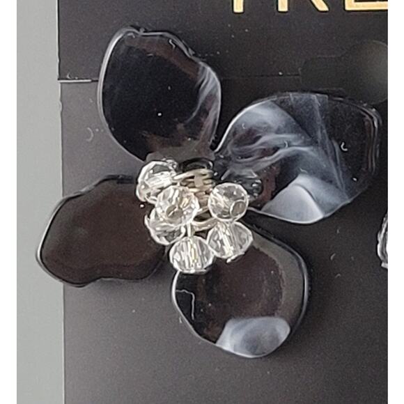 Trend Black Floral Statement Earrings with Clear Crystal Accents New on Card - Picture 2 of 5